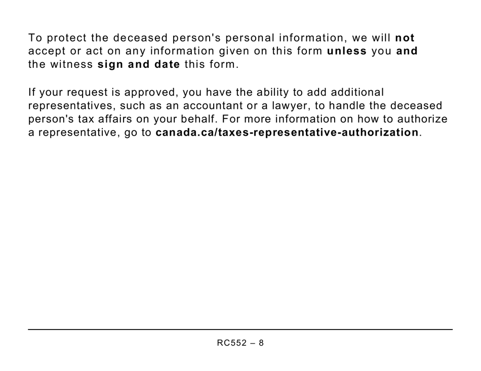 Form RC552 Appointing a Representative for a Deceased Person (Large Print) - Canada, Page 8