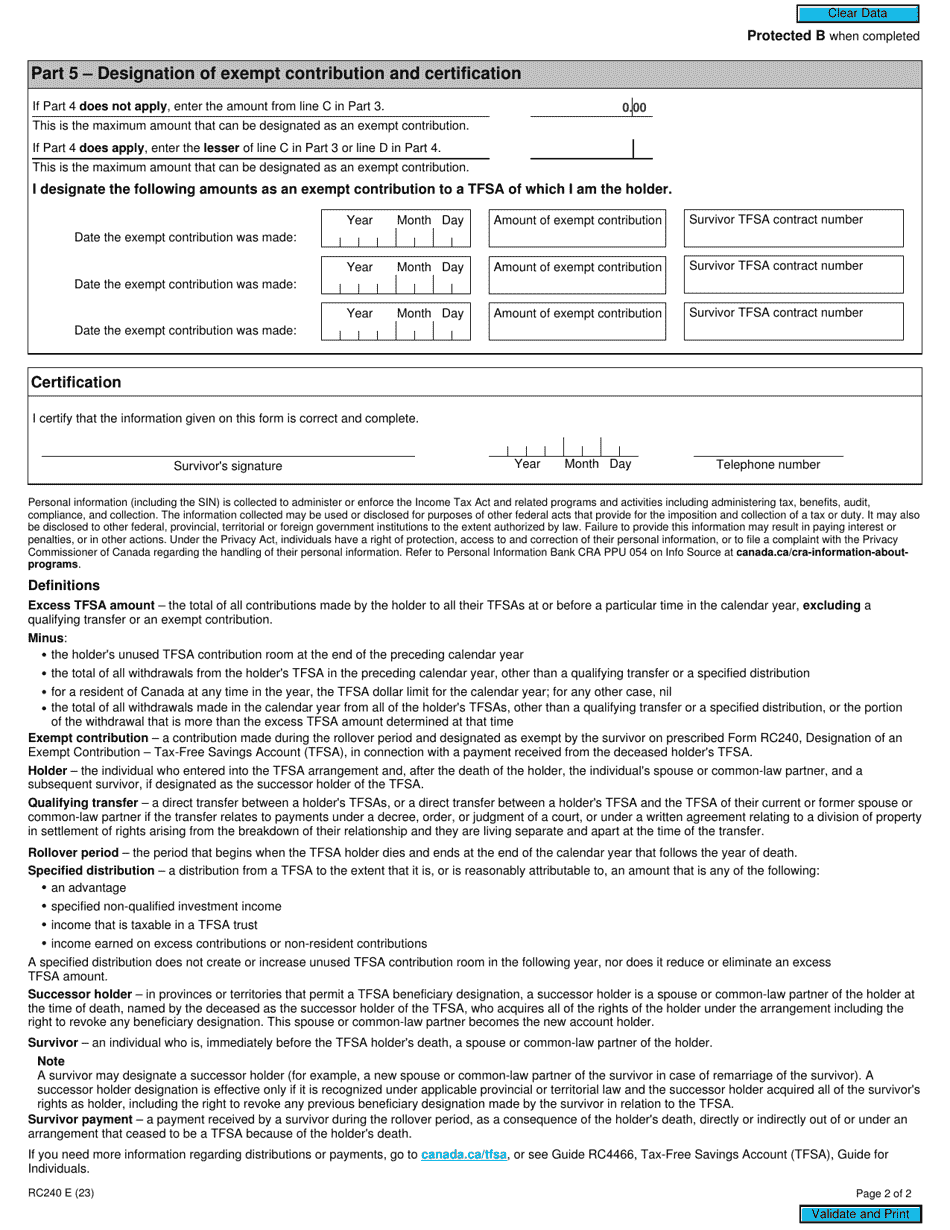 Form RC240 Designation of an Exempt Contribution - Tax-Free Savings Account (Tfsa) - Canada, Page 2