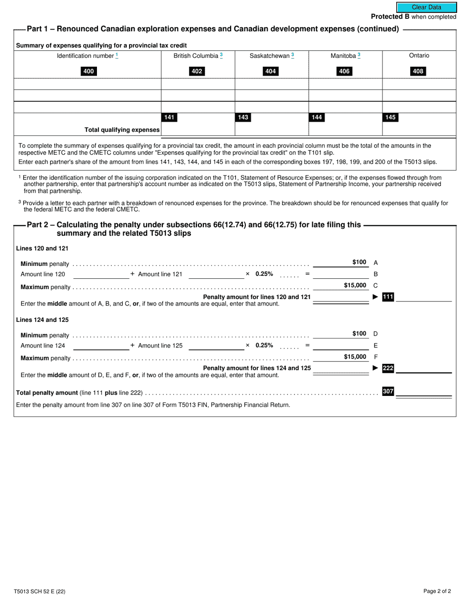 Form T5013 Schedule 52 Summary Information for Partnerships That Allocated Renounced Resource Expenses to Their Members - Canada, Page 2