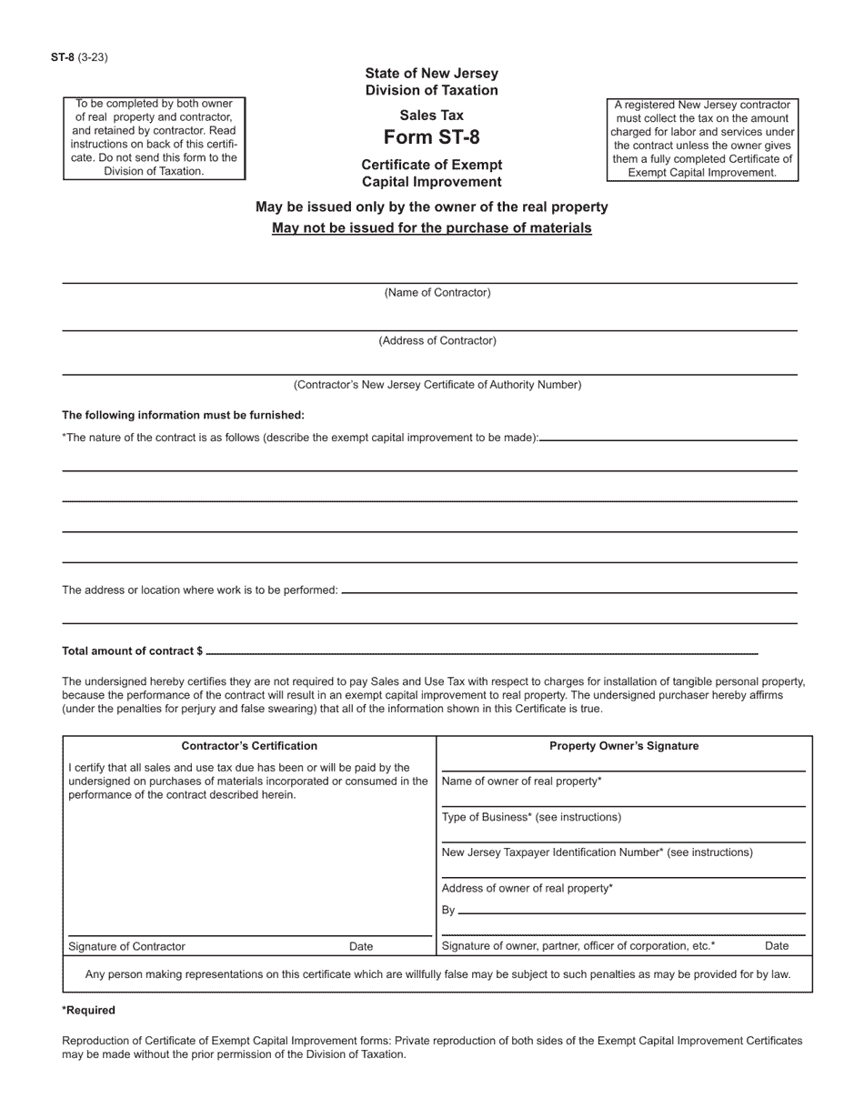 Form ST-8 Certificate of Exempt Capital Improvement - New Jersey, Page 1