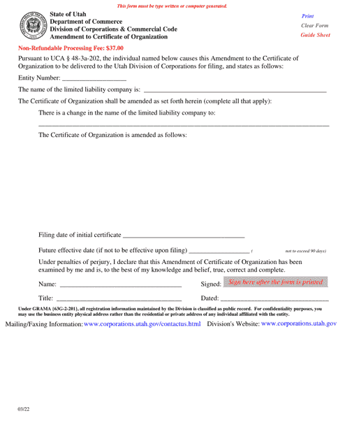 Amendment to Certificate of Organization - Utah Download Pdf