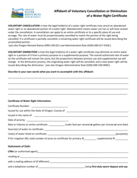 Document preview: Affidavit of Voluntary Cancellation or Diminution of a Water Right Certificate - Oregon
