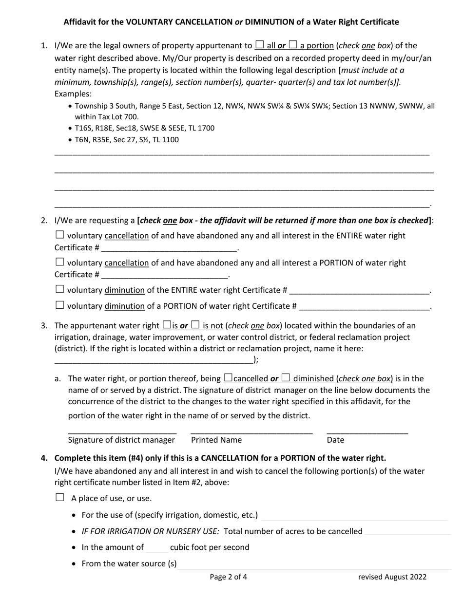Affidavit of Voluntary Cancellation or Diminution of a Water Right Certificate - Oregon, Page 2