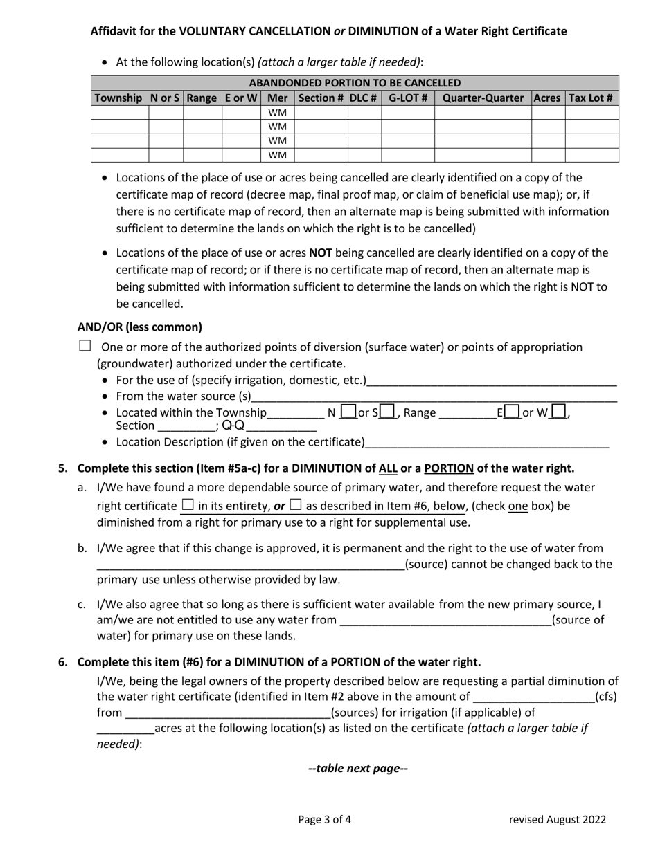 Affidavit of Voluntary Cancellation or Diminution of a Water Right Certificate - Oregon, Page 3