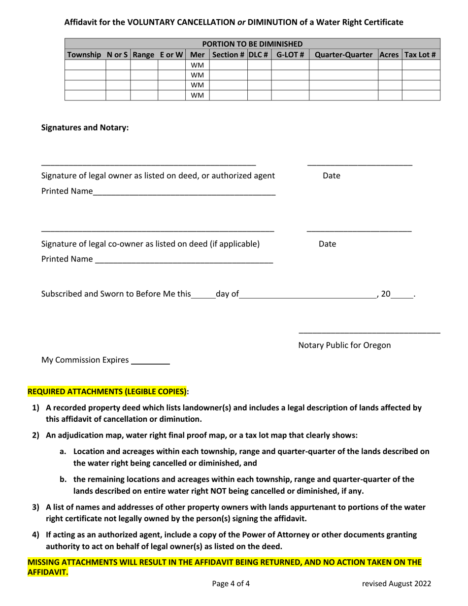 Affidavit of Voluntary Cancellation or Diminution of a Water Right Certificate - Oregon, Page 4