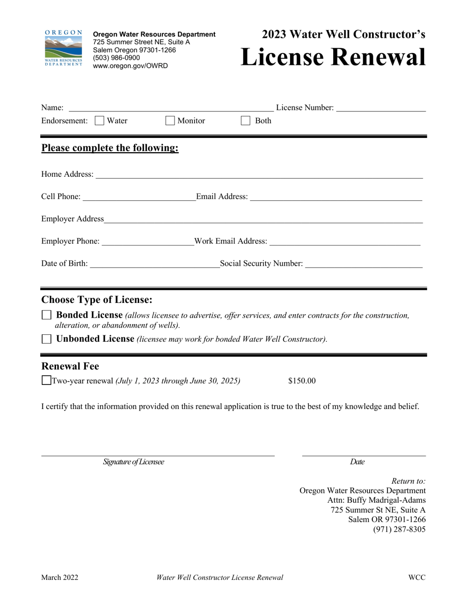 Water Well Constructors License Renewal - Oregon, Page 1