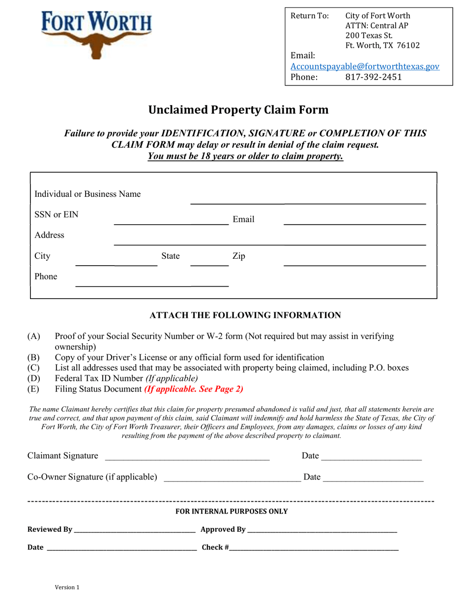 Unclaimed Property Claim Form - City of Fort Worth, Texas, Page 1