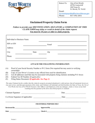 Document preview: Unclaimed Property Claim Form - City of Fort Worth, Texas
