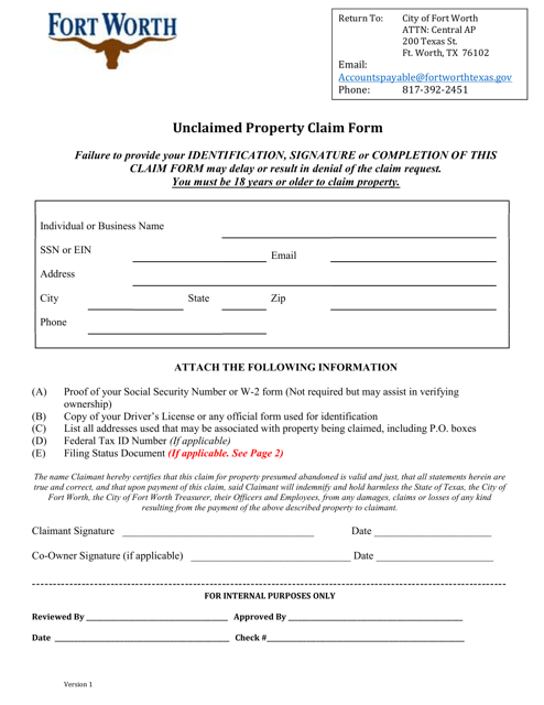 Unclaimed Property Claim Form - City of Fort Worth, Texas Download Pdf