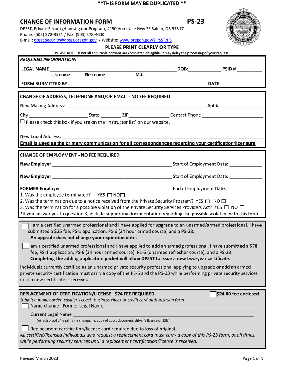 Form PS-23 Change of Information Form - Oregon, Page 1