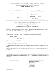 Document preview: Form MR-3N-CERDO Defendant's Certification That Premises Are Residential and Owner Occupied and Request for Conciliation Conference - County of Philadelphia, Pennsylvania