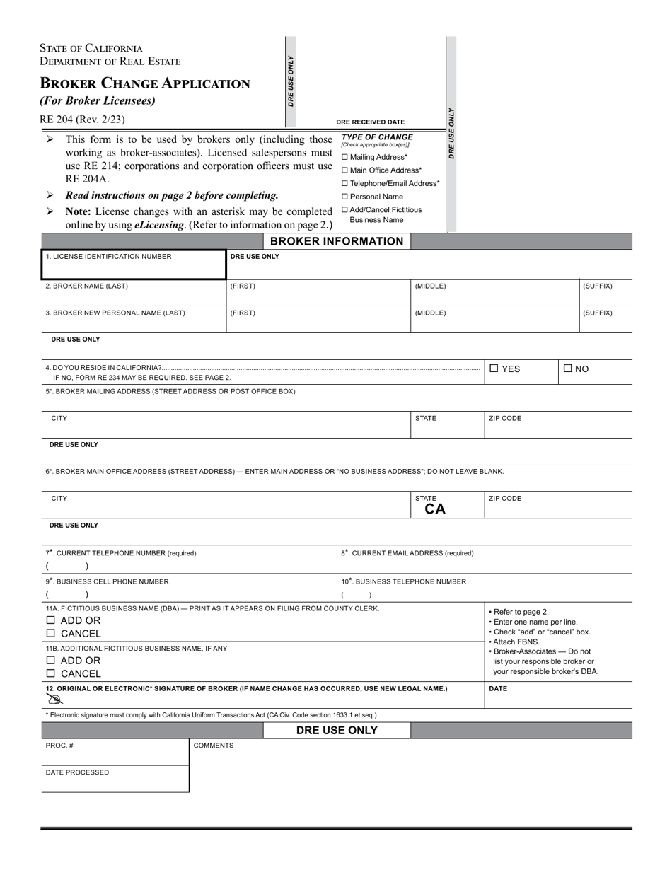 Form RE204 Download Fillable PDF or Fill Online Broker Change ...