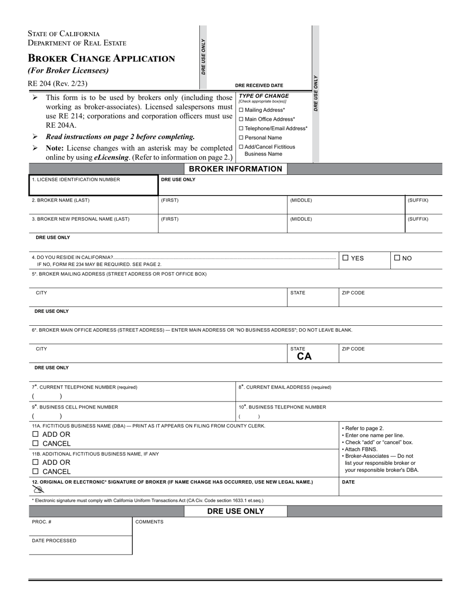 Form RE204 Broker Change Application (For Broker Licensees) - California, Page 1