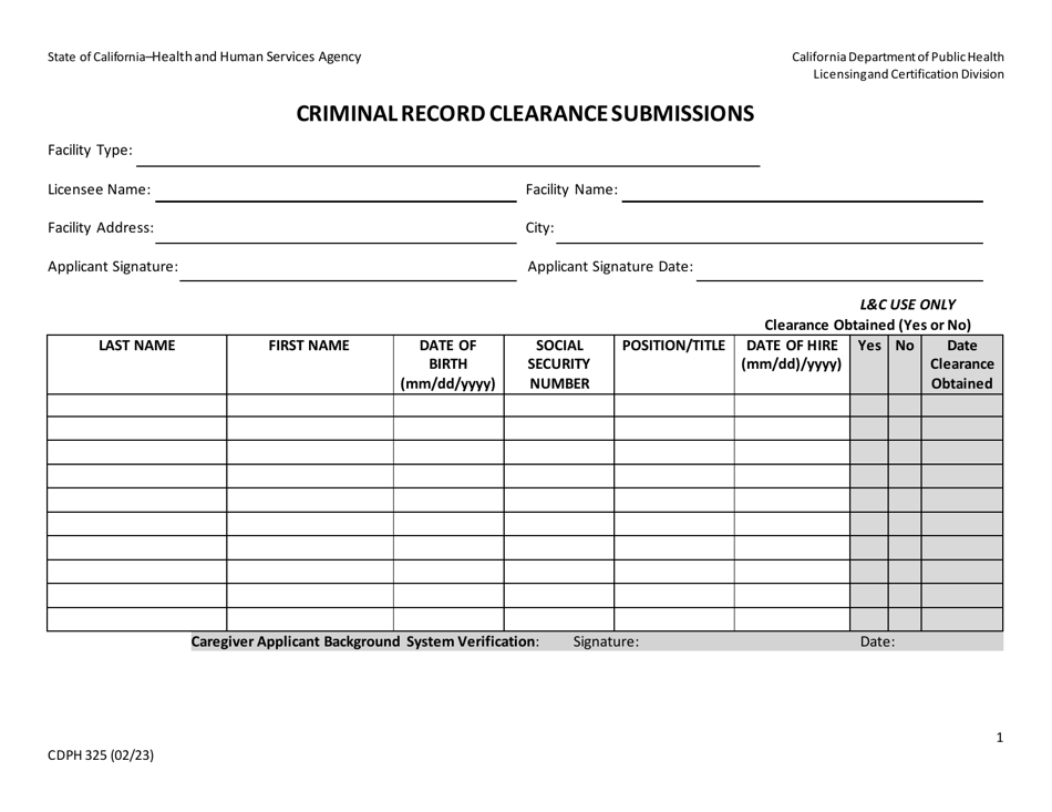 Form CDPH325 Download Fillable PDF or Fill Online Criminal Record ...