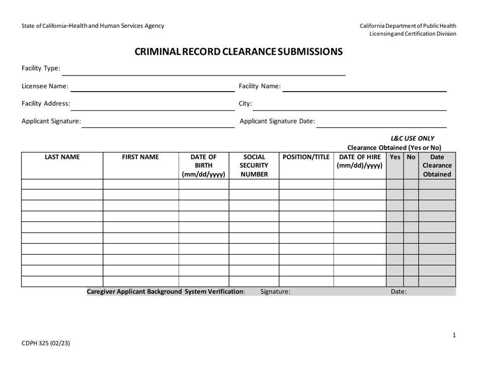 Form CDPH325 Criminal Record Clearance Submissions - California, Page 1