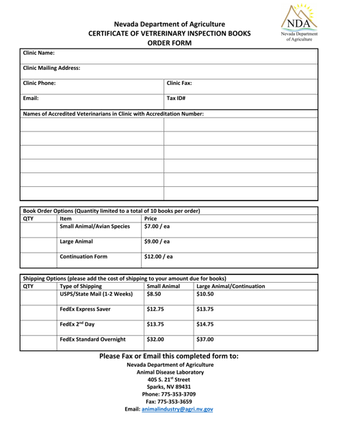 Certificate of Vetrerinary Inspection Books Order Form - Nevada Download Pdf