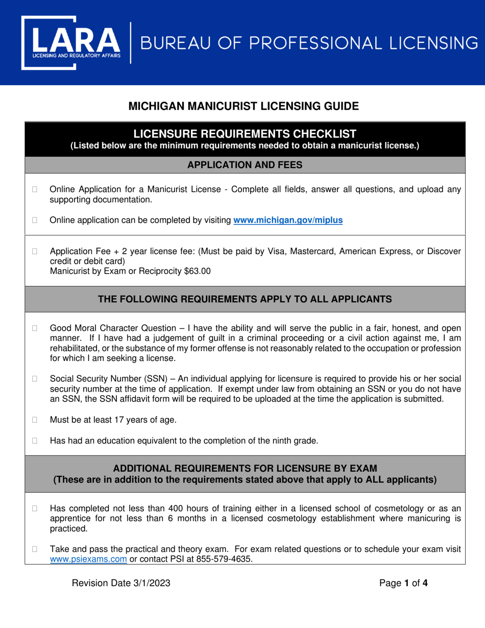 Manicurist Licensing Guide - Licensure Requirements Checklist - Michigan, Page 1
