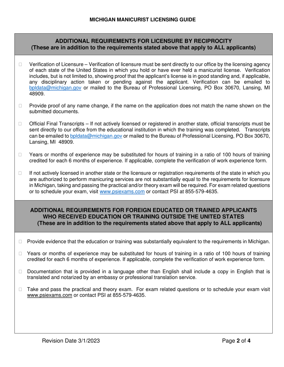Manicurist Licensing Guide - Licensure Requirements Checklist - Michigan, Page 2