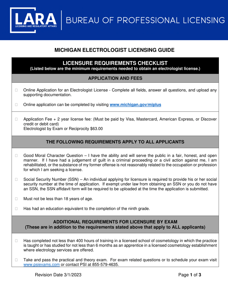 Michigan Electrologist Licensing Guide Licensure Requirements