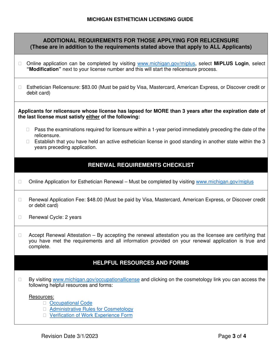 Esthetician Licensing Guide - Licensure Requirements Checklist - Michigan, Page 3