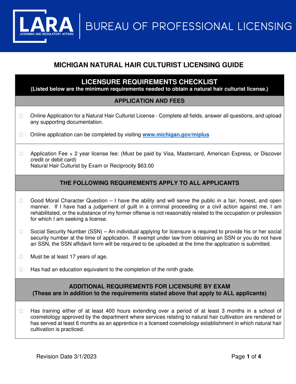 Natural Hair Culturist Licensing Guide - Licensure Requirements Checklist - Michigan, Page 1