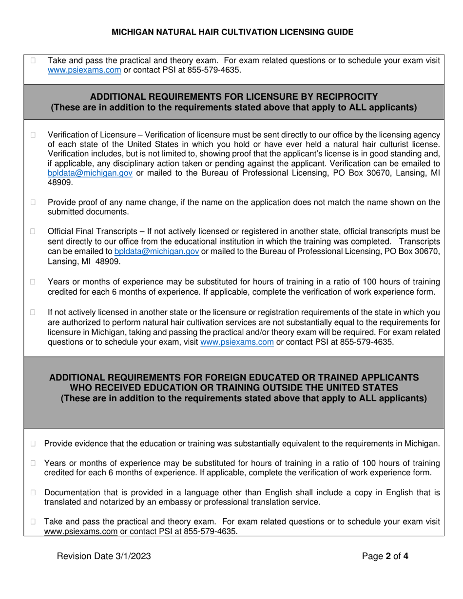 Natural Hair Culturist Licensing Guide - Licensure Requirements Checklist - Michigan, Page 2