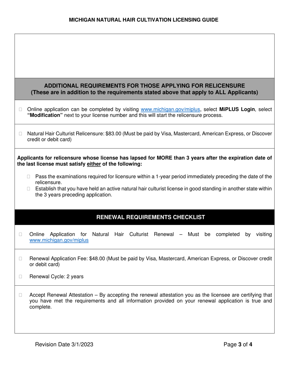 Natural Hair Culturist Licensing Guide - Licensure Requirements Checklist - Michigan, Page 3