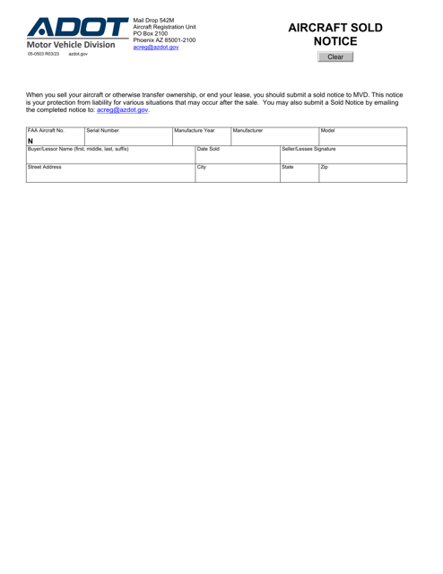 Form 05-0503 Aircraft Sold Notice - Arizona