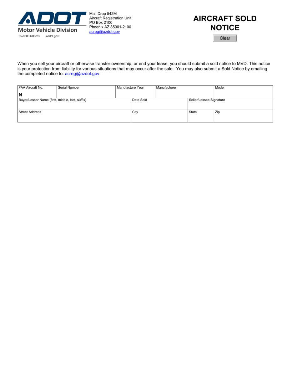 Form 05-0503 Aircraft Sold Notice - Arizona, Page 1