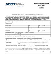 Document preview: Form 05-0502 Aircraft Exemption Affidavit - Arizona