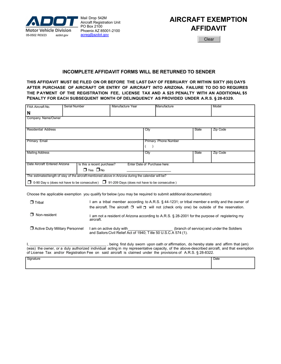 Form 05-0502 Aircraft Exemption Affidavit - Arizona, Page 1