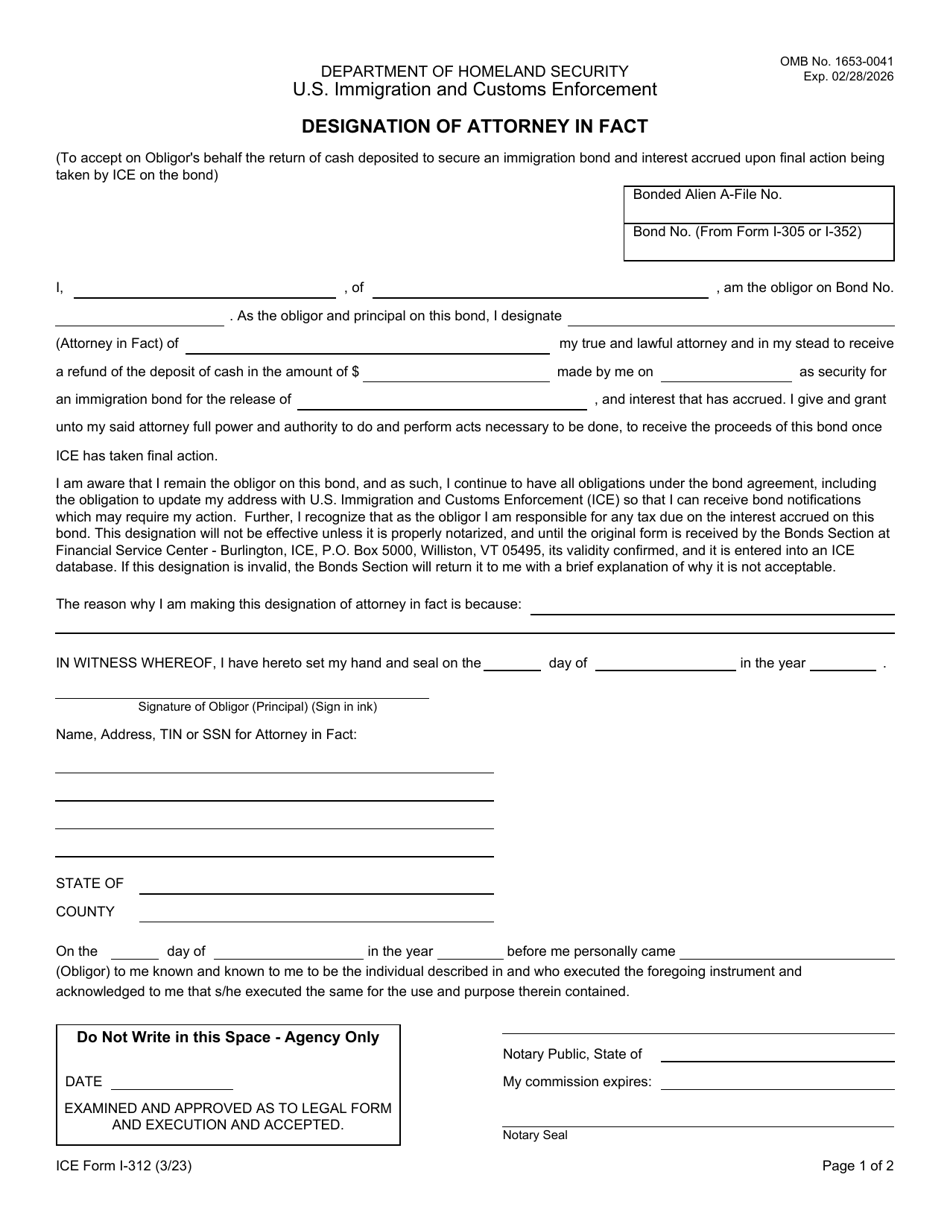 ICE Form I-312 Designation of Attorney in Fact, Page 1
