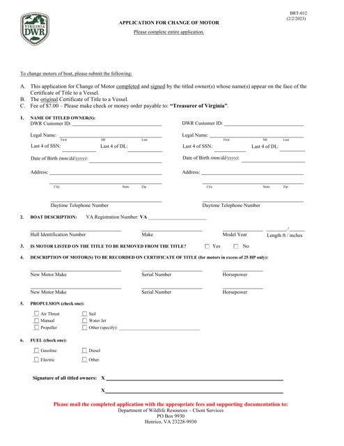 Form BRT-012 Application for Change of Motor - Virginia