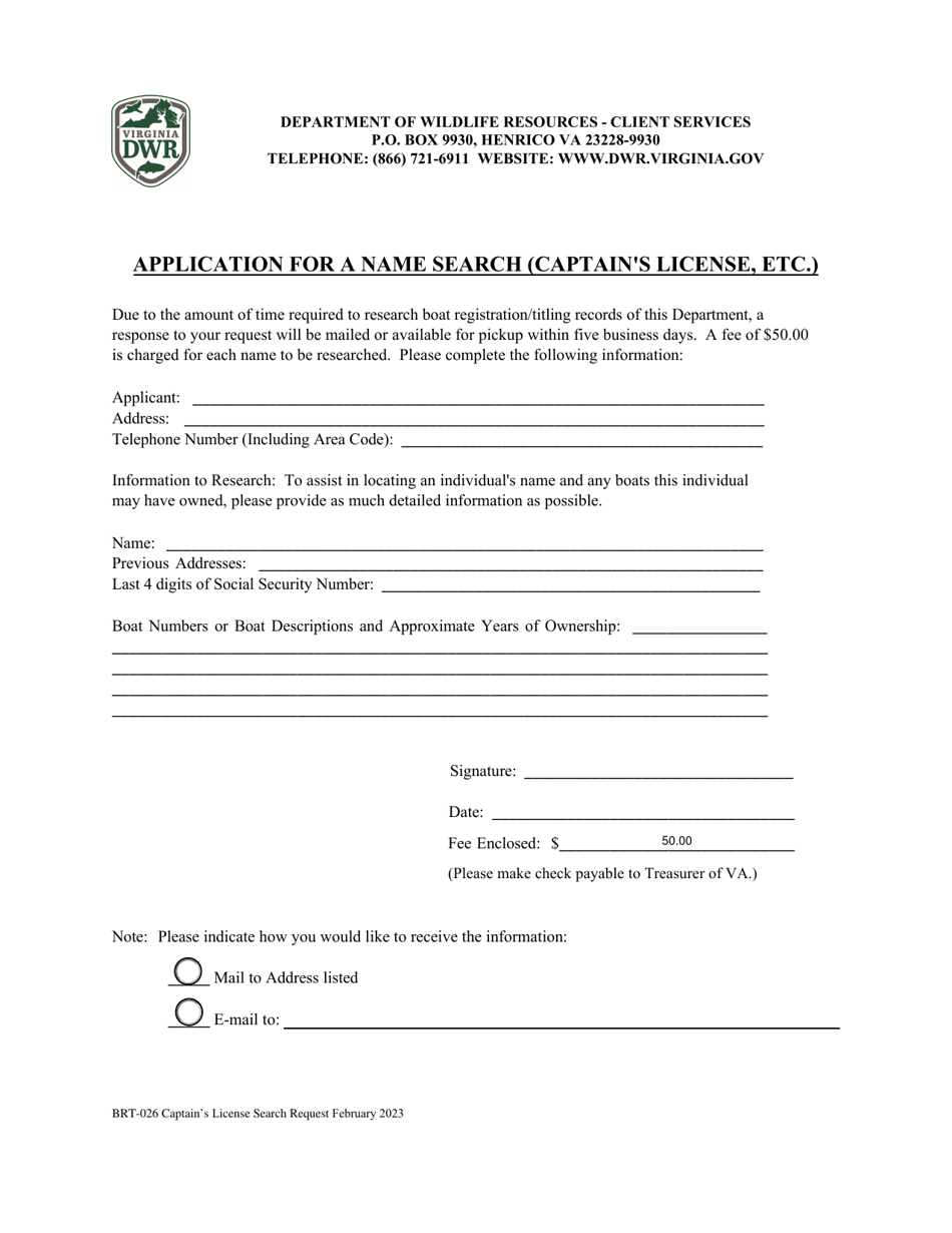 Form BRT-026 Application for a Name Search (Captains License, Etc.) - Virginia, Page 1