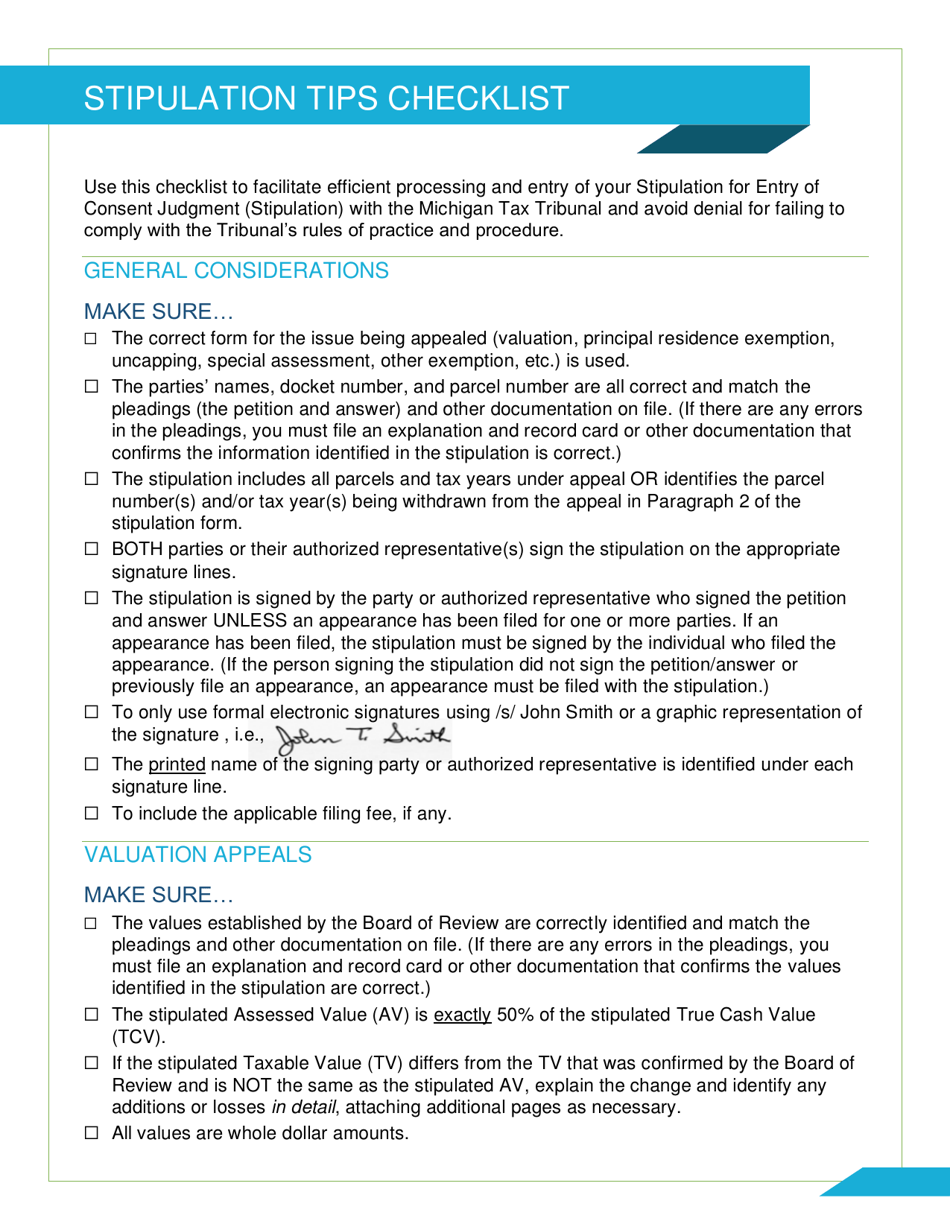 Stipulation Tips Checklist - Michigan, Page 1