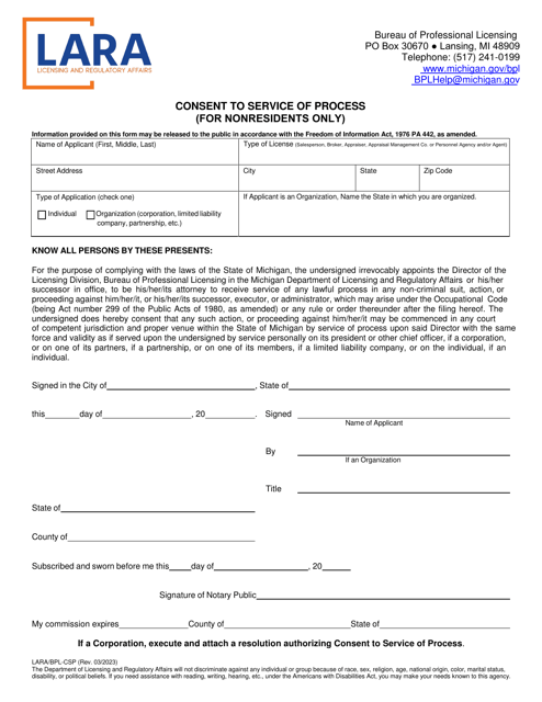Form LARA/BPL-CSP Consent to Service of Process (For Nonresidents Only) - Michigan