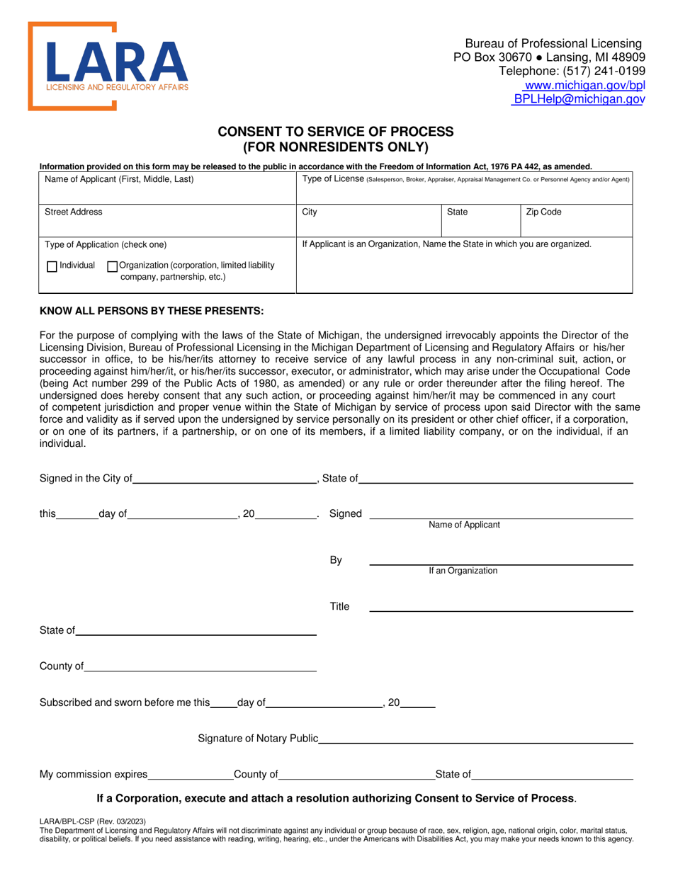 Form LARA / BPL-CSP Consent to Service of Process (For Nonresidents Only) - Michigan, Page 1