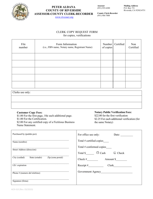 Form ACR410 Clerk Copy Request Form - County of Riverside, California