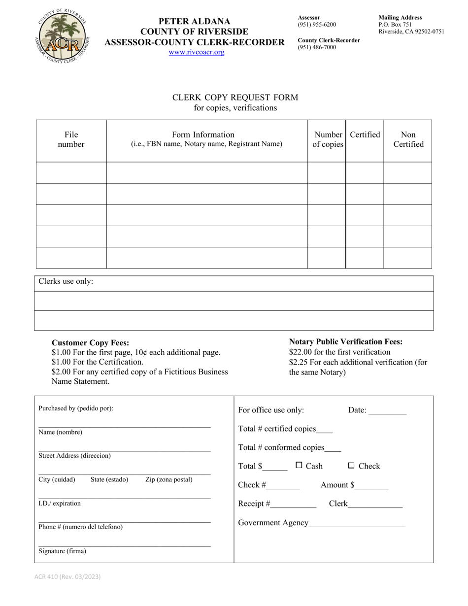 Form Acr410 Download Fillable Pdf Or Fill Online Clerk Copy Request Form County Of Riverside 2950