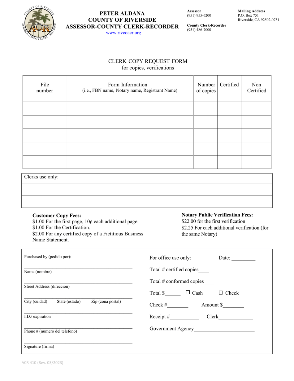 Form ACR410 Clerk Copy Request Form - County of Riverside, California, Page 1