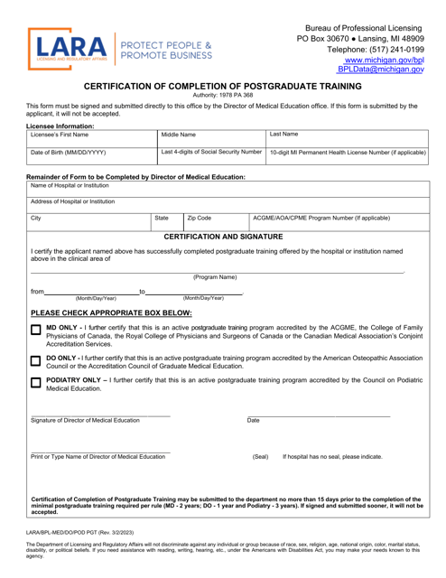 Form LARA/BPL-MED/DO/POD PGT Certification of Completion of Postgraduate Training - Michigan