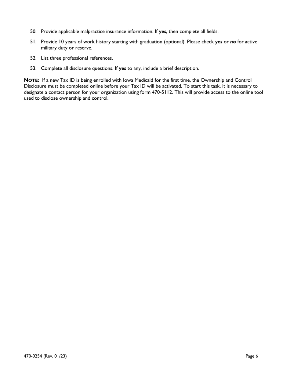 Form 470-0254 Iowa Medicaid Universal Provider Enrollment Application - Iowa, Page 6