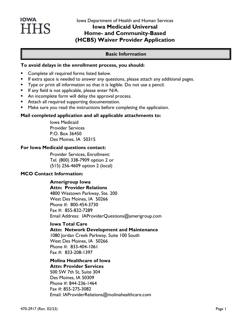 Form 470-2917 Iowa Medicaid Universal Home-And Community-Based (Hcbs) Waiver Provider Application - Iowa, Page 1