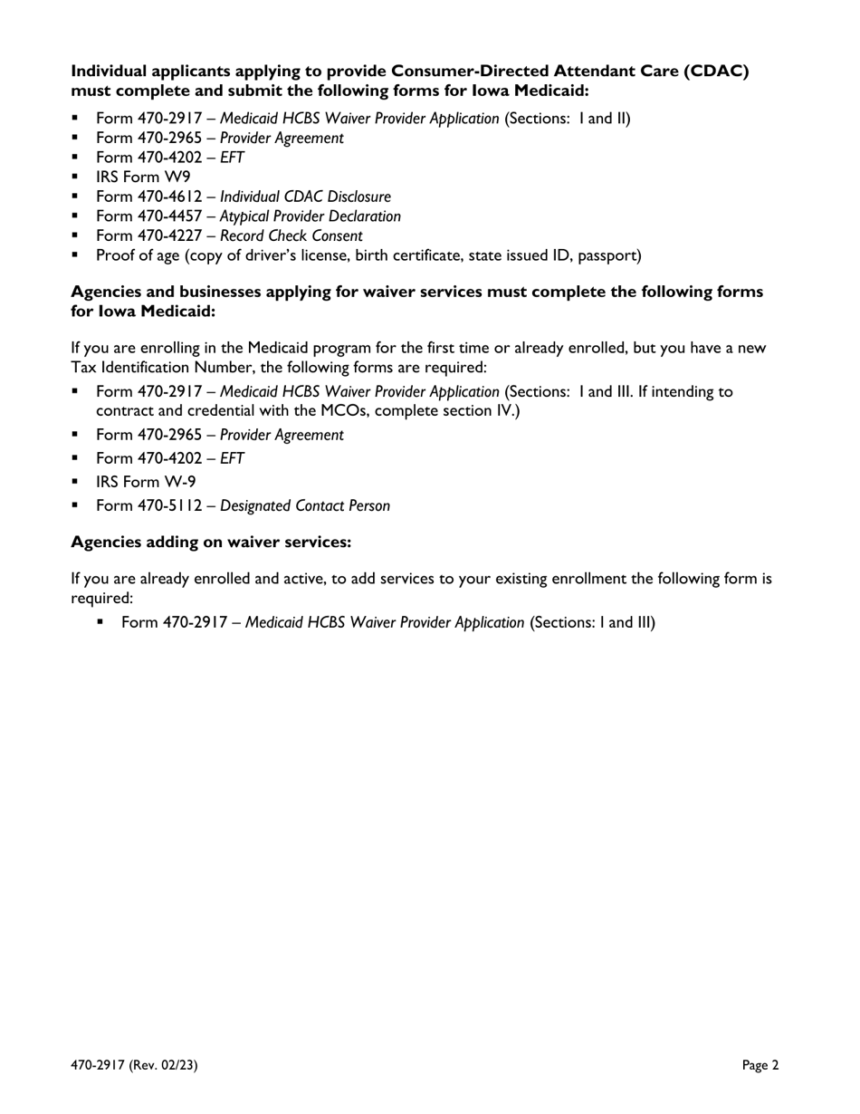 Form 470-2917 Iowa Medicaid Universal Home-And Community-Based (Hcbs) Waiver Provider Application - Iowa, Page 2