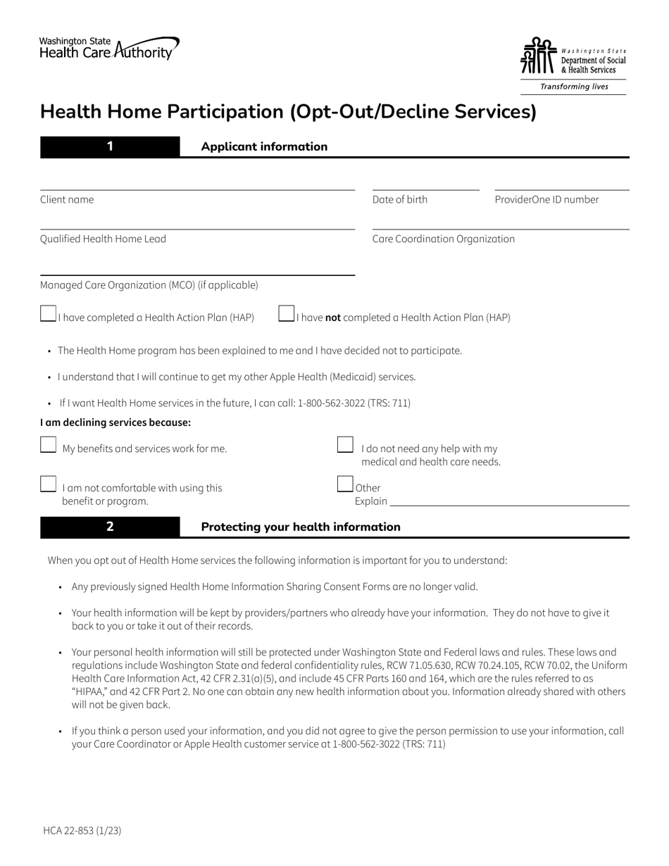 Form HCA22-853 Health Home Participation (Opt-Out / Decline Services) - Washington, Page 1