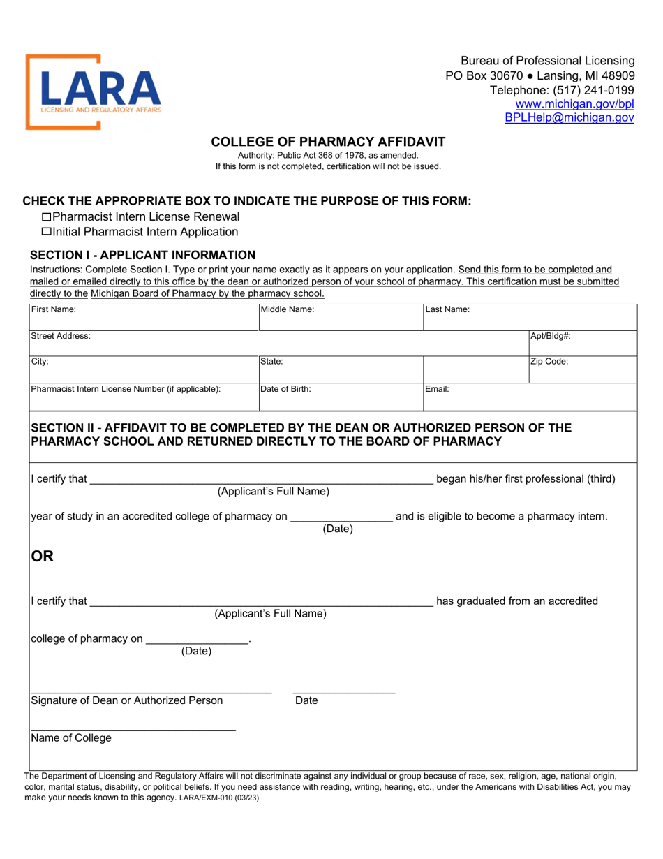 Form LARA / EXM-010 College of Pharmacy Affidavit - Michigan, Page 1