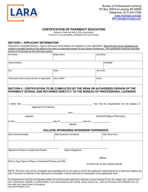 Form LARA/CERTPHARMED Certification of Pharmacy Education - Michigan