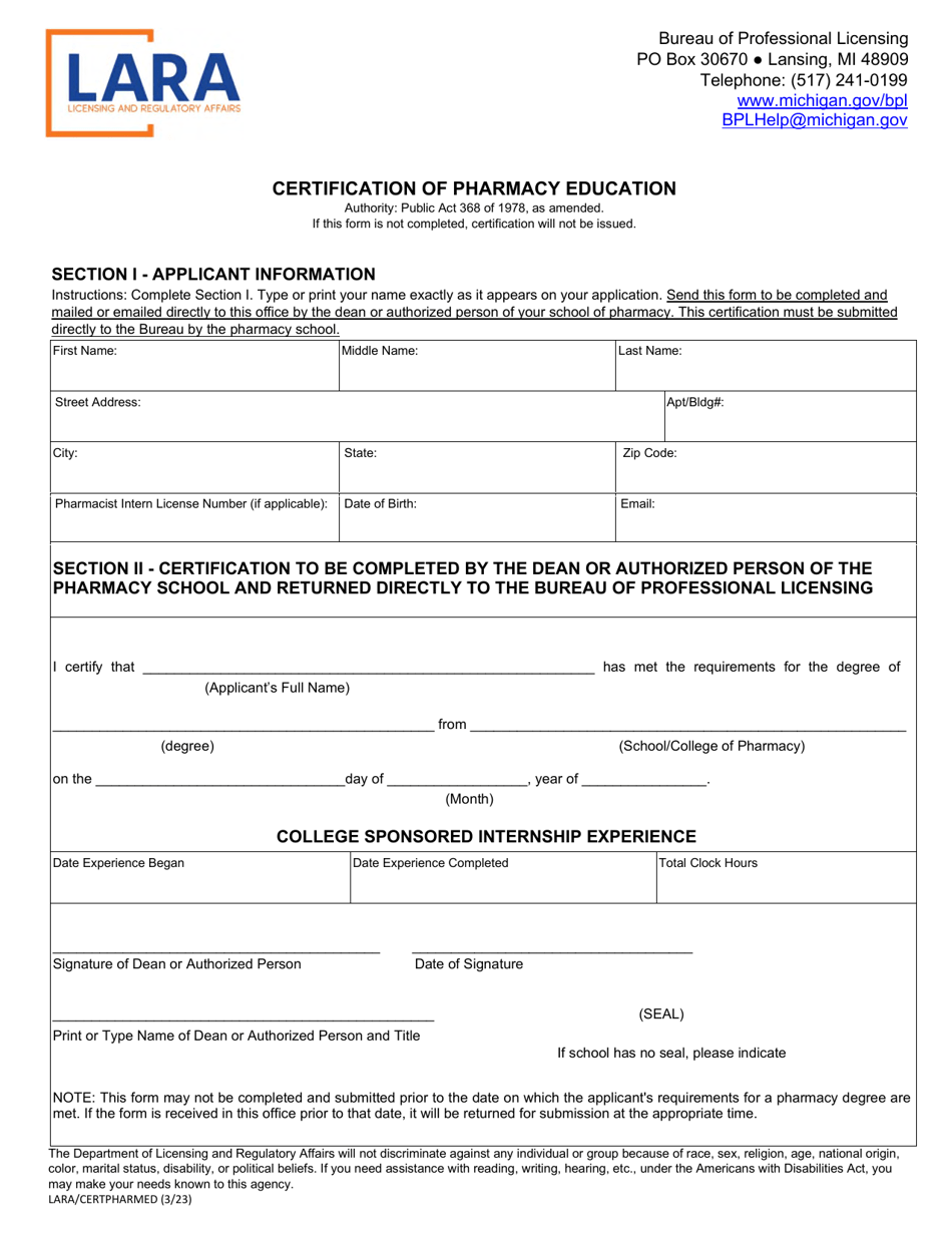 Form LARA / CERTPHARMED Certification of Pharmacy Education - Michigan, Page 1