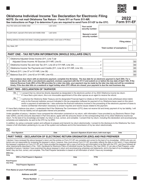 Form 511-EF Oklahoma Individual Income Tax Declaration for Electronic Filing - Oklahoma, 2022