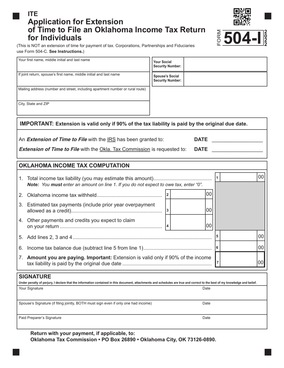 Form 504-I Application for Extension of Time to File an Oklahoma Income Tax Return for Individuals - Oklahoma, Page 1